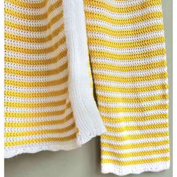 TALBOTS M Crewneck Knit Sweater Scallop Trim Yellow White Stripe Preppy Coastal - Picture 5 of 12